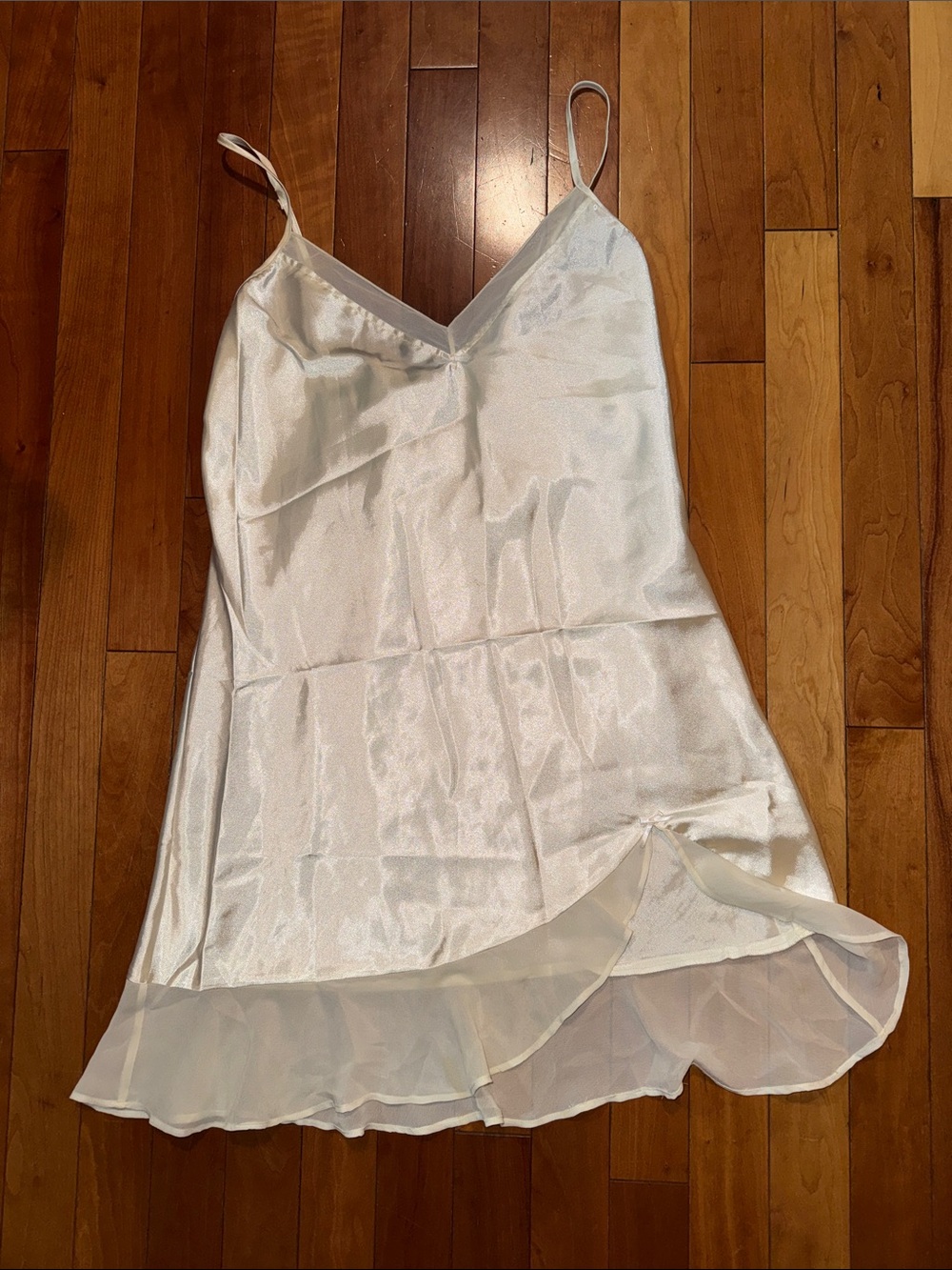 Vintage Y2K Jacob White Satin Chemise with Sheer Ruffle Hem